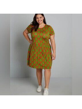 Modcloth Retro Checker Christmas Trees Dress XL New Women's Festive Holiday